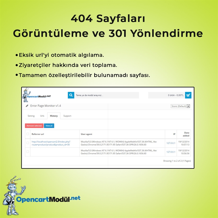 Opencart 404 Sonuçları Görüntüleme ve 301 Yönlendirme 